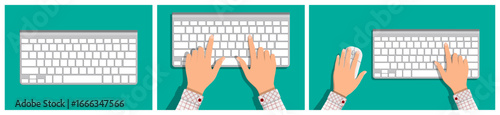 Man hands typing on white computer keyboard and using mouse. Top view of programmer at work. Digital concept.