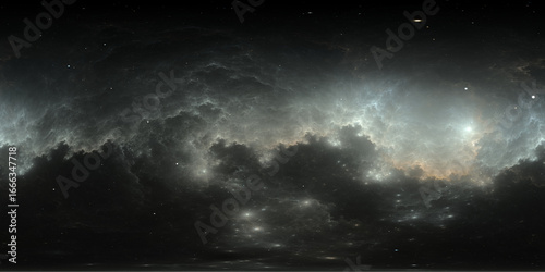 360 degree space nebula. Giant interstellar cloud with stars, equirectangular projection, environment map. Spherical panorama. 3D rendering, Fractal image