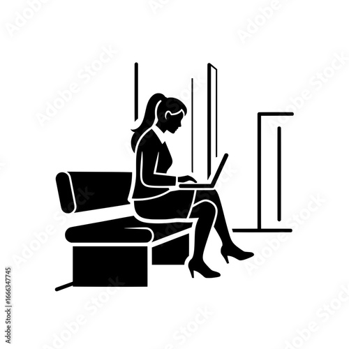 Vector icon of woman sitting on a chair with laptop