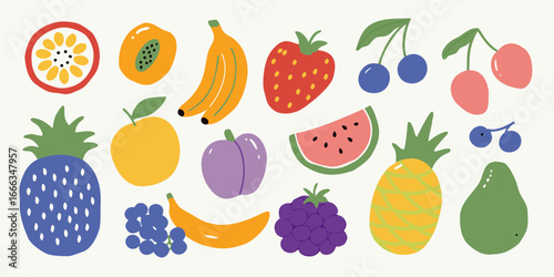 Hand drawn style colorful fruit illustration with passion fruit and pineapple