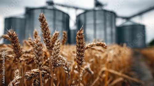 Golden wheat field with grain silos in the background during harvest seaso