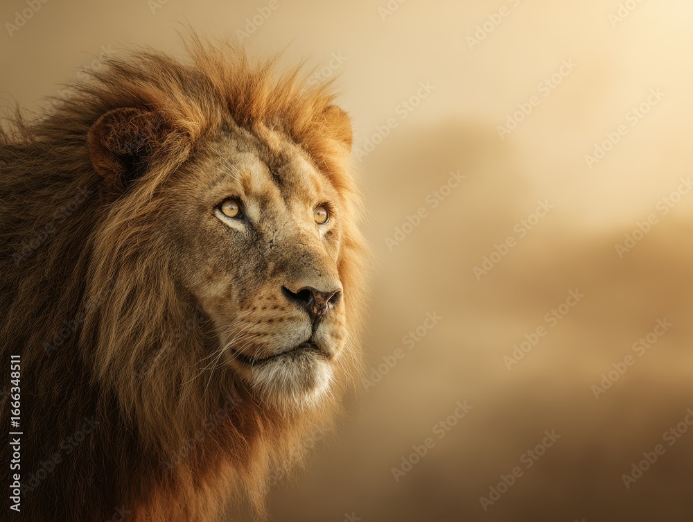 Fototapeta premium Majestic Lion with Golden Mane in Intense Stare, Against Ethereal Savannah Backdrop