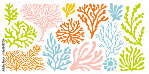 Colorful Seaweed and Coral Silhouettes on White Background