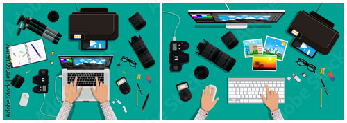 Man editing photos on laptop with camera gear, printer. Photographer workstation with monitor, various office supplies for creatives.