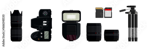 Modern camera equipment set with lens, flash, memory card, and tripod. Photography accessories collection. Digital media concept.