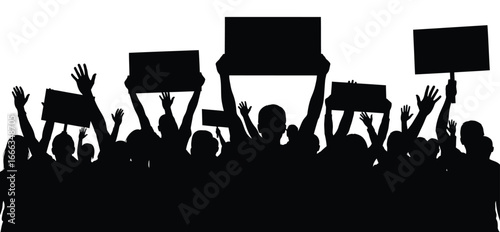 Crowd silhouette demonstrating holding signs protest rally gathering support activism vector