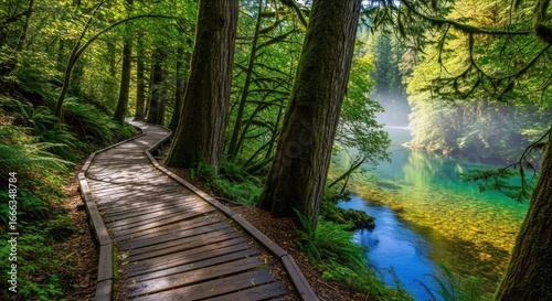 Enchanted forest path with a wooden boardwalk alongside a mystical glowing blue stream.