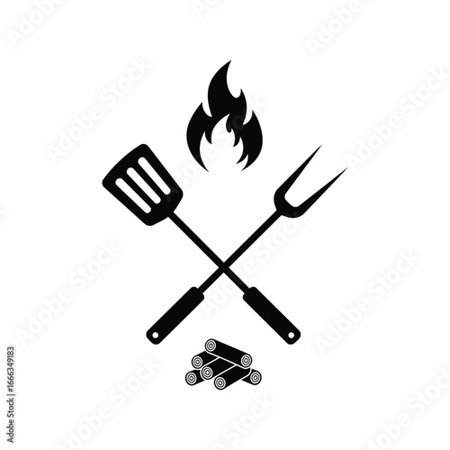 Barbecue grill tools and fire icon for outdoor cooking and grilling season vector