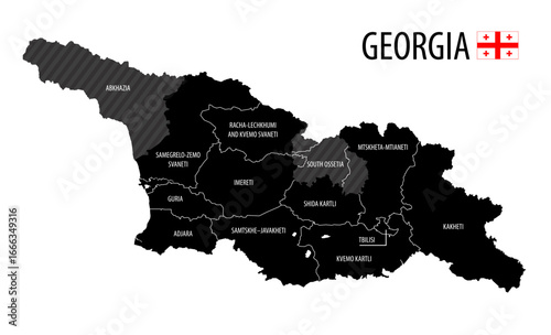 Georgia map with administrative division of the country, vector detailed black and white illustration