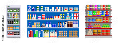 Supermarket shelves with various products. Retail store assortment. Concept of grocery shopping, food variety. Retail display for banner.