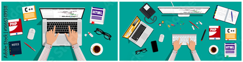 Man programmer coding with laptop and desktop computer. Flat programming concept illustration for development.