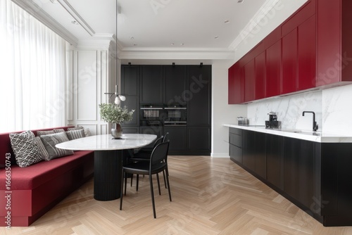 Modern, bright kitchen with a cozy seating area