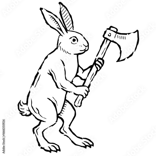 Hand drawn engraving style rabbit holding axe. Vintage medieval heraldic animal illustration in gothic style, ideal for tattoo design, folklore projects, TTRPG graphics, fantasy art.