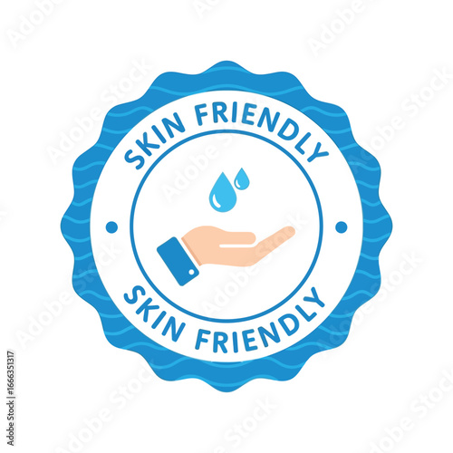 Gentle skin friendly seal label badge with water drop and hand illustration vector