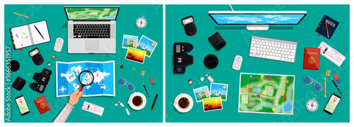 Man planning travel trip with world map, computer monitor, laptop and camera devices. Flat lay top view concept of adventure journey.