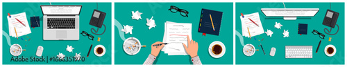 Desk with office objects. Flat design illustration of workspace for business, education, or freelance work. Top view of a creative mess.