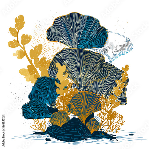 Mystical Coral and Seaweed Abstract: A captivating artwork showcases intricate, golden and blue-toned coral and seaweed, evoking a sense of underwater mystique and wonder.