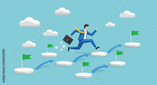 Career progression concept, business journey, goal achievement, milestone success, ambition leap, professional growth, challenge navigation, motivation, direction, success