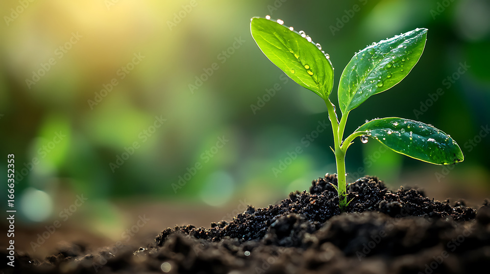 Fototapeta premium Young green plant with three leaves growing in dark soil, dew drops on leaves, sunlight in background, symbolizing growth and nature, fresh and vibrant scene, close up view