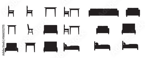 Silhouette vector illustration of CAD style furniture elements including chairs, tables, beds, and sofas shown in top view and side view for interior design and architectural floor plans