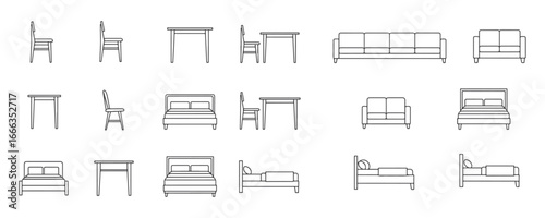 Minimal CAD style line drawing of furniture elements including chairs, tables, beds, and sofas shown in top view and side view vector illustration for interior design and architectural floor plans
