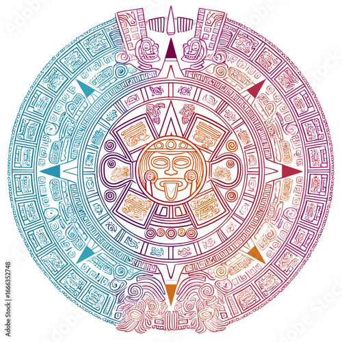 Ancient Aztec Sun Stone: A stunning vector illustration of the Aztec Sun Stone, a vibrant emblem of ancient culture and astronomical knowledge.