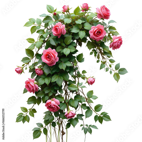 A climbing rose bush with pink flowers and green leaves against a black background view