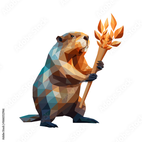 Geometric Beaver Holding Branch: A whimsical geometric illustration features a stout beaver, proudly holding a stylized wooden branch with leaves, exuding an air of playful nature.