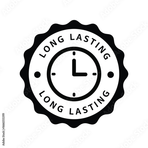 Circular stamp emblem with clock face and long lasting text for product durability and quality assurance vector