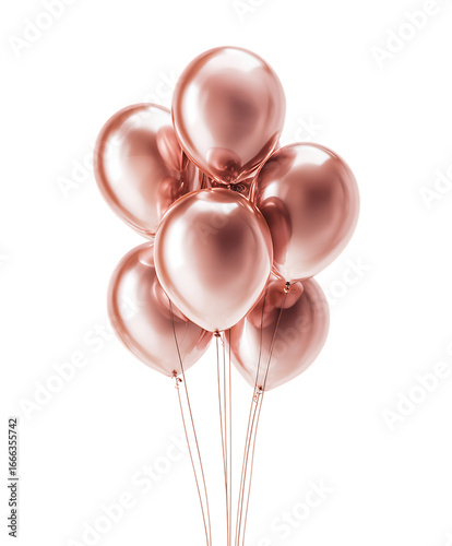 Rose gold balloons float against a black background.