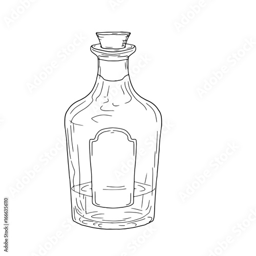 Glass bottle with cork and label, black and white ink sketch. Vector illustration. Wine, whiskey or scotch bottle, isolated on white background. For alcohol, cocktail or soft drinks