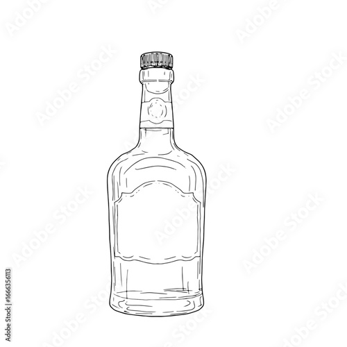 Glass bottle with cork and label, black and white ink sketch. Vector illustration. Wine, whiskey or scotch bottle, isolated on white background. For alcohol, cocktail or soft drinks