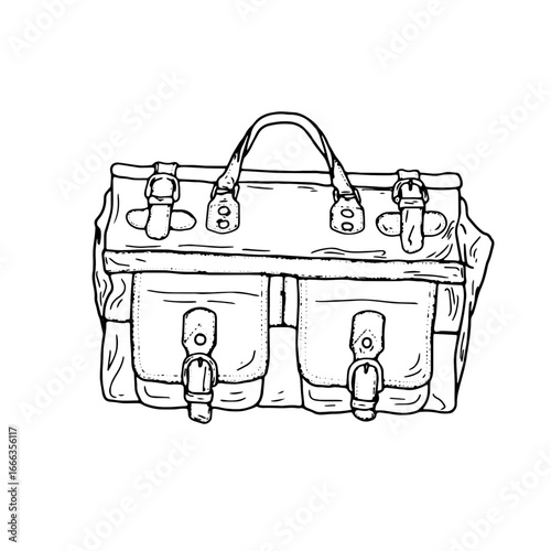 Obraz na plátně Old leather gripsack with pockets and straps, black and white ink sketch