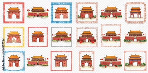 A colorful collection of watercolor illustrations depicting the historic Tiananmen Gate in Beijing, arranged in a decorative grid pattern.