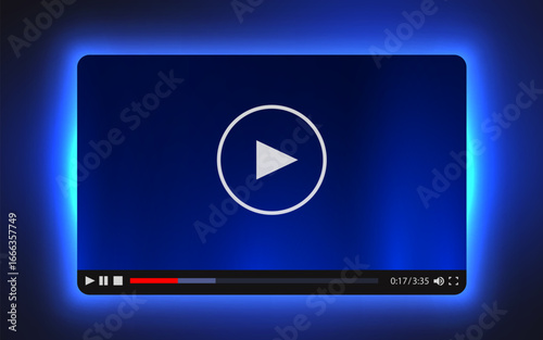 Neon light video player template for web and mobile apps. Vector illustration