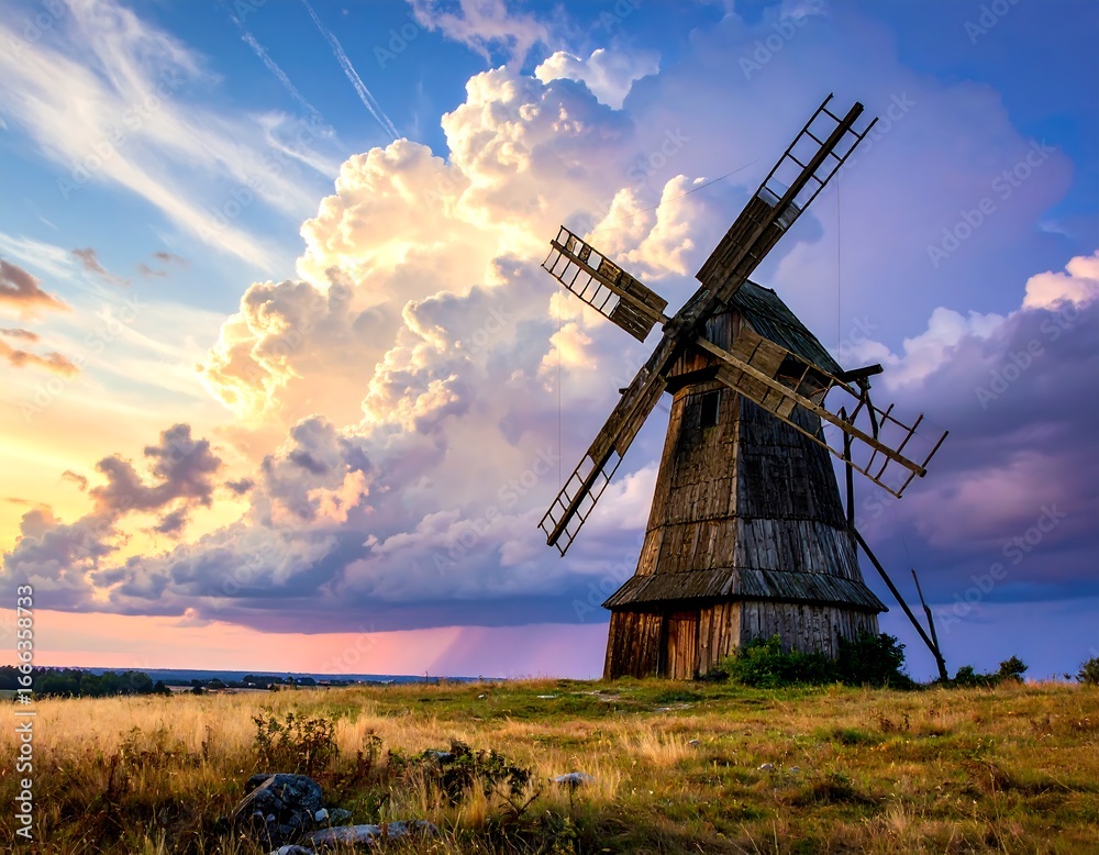Naklejka premium A majestic wooden windmill stands tall against a dramatic sunset sky filled with colorful clouds.