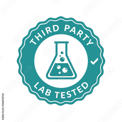 Third party lab tested certification seal icon with beaker and checkmark vector
