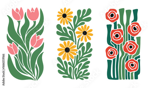 Vibrant abstract floral art panels with tulips sunflowers and roses modern botanical illustration vector