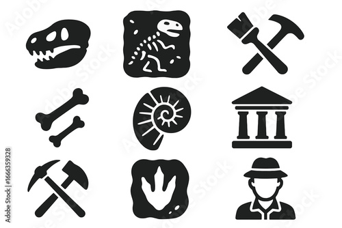 Dinosaur paleontology solid icon set. Archaeology, excavation, and fossil collection. T-Rex skull, skeleton, bones, ammonite, footprint, museum, and paleontologist glyphs.
