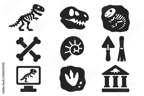Dinosaur archaeology solid icon set. Paleontology collection with fossils, bones, T-rex skeleton, skull, and museum artifacts. Excavation and science vector symbols.