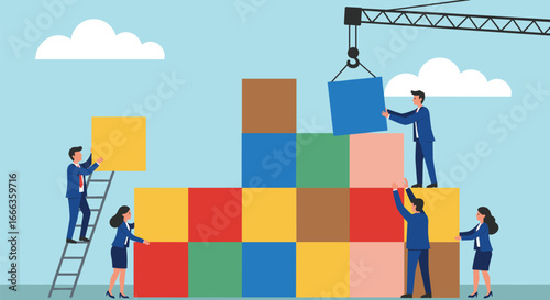 Teamwork building project, business collaboration, cartoon illustration, colorful blocks, construction teamwork, corporate development, leadership, problem solving, project success, strategy