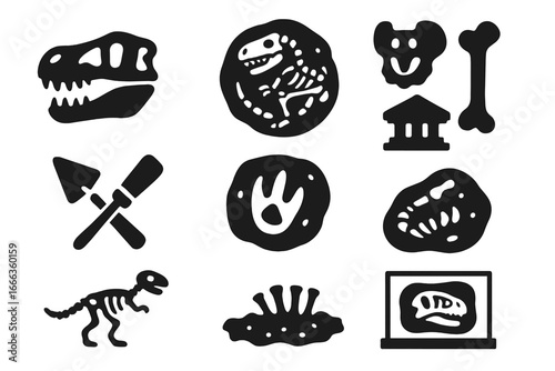 Dinosaur archaeology solid icon set. Paleontology and excavation concept. Fossil, T-rex skull, bones, skeleton, footprint, and museum artifacts vector collection.
