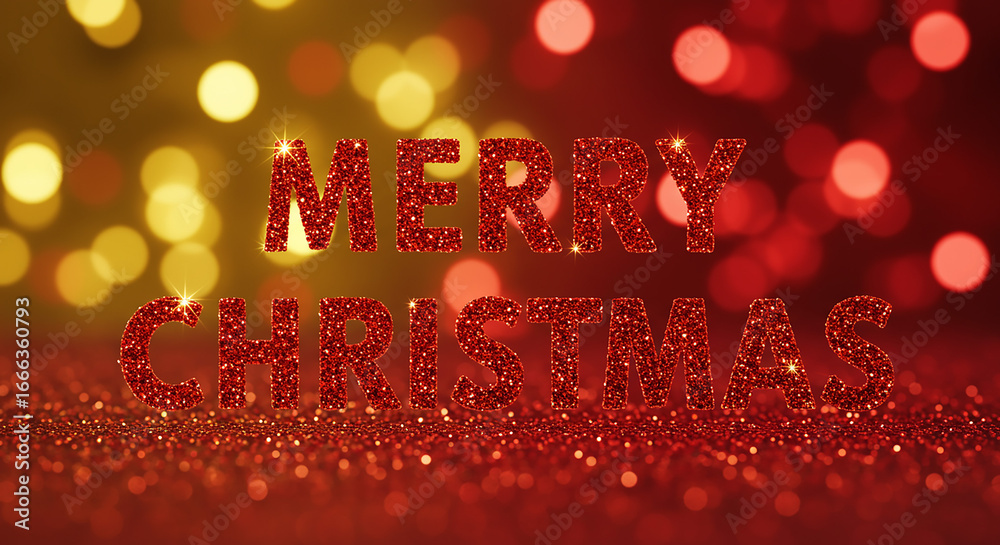 Naklejka premium Red Glitter Merry Christmas Greeting with Bokeh Lights