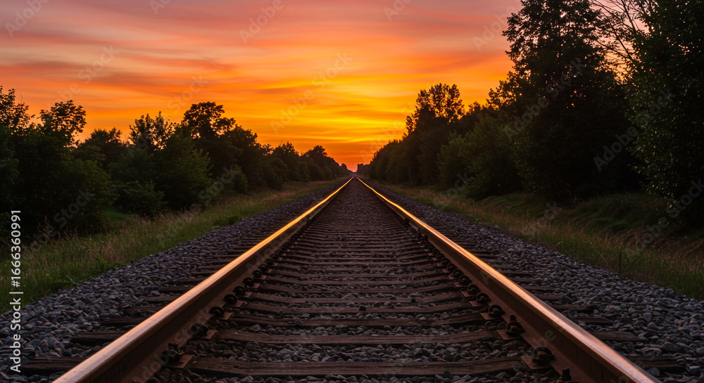 Fototapeta premium Vibrant sunset over railway tracks leading into the distance with golden light and trees