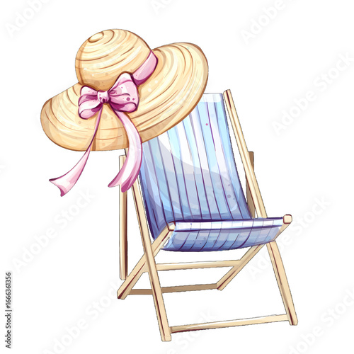 Summer relaxation awaits with a stylish sun hat resting on a beach chair under the sun for your dream getaway by the shore