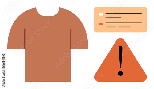 Brown t-shirt alongside caution triangle with exclamation mark and care label card. Ideal for clothing safety, laundry tips, garment care, quality assurance, user manuals, design warnings, simple