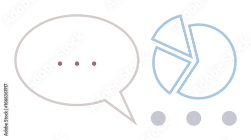 Speech bubble with ellipsis beside segmented pie chart emphasizing ideas, dialogue, and data trends. Ideal for communication, data exchange, teamwork, business insights, presentation, analytics