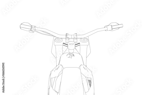 Snowbike motor contour drawing focuses on the black-outlined handlebar against a dark background. The light-colored seat provides a stark contrast.