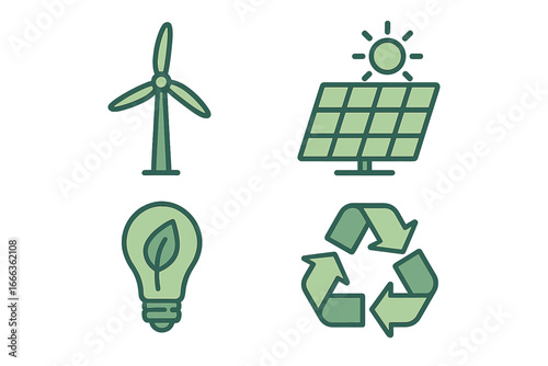 Set of eco friendly icons. Renewable energy concept with wind turbine and solar panel. Green power lightbulb and recycling symbol. Sustainability and ecology vector signs.