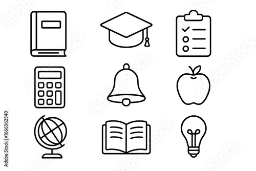 Education learning outline icon set. Back to school vector symbols. Study tools collection. Line art graphic elements. Includes graduation cap, book, globe, apple, lightbulb.